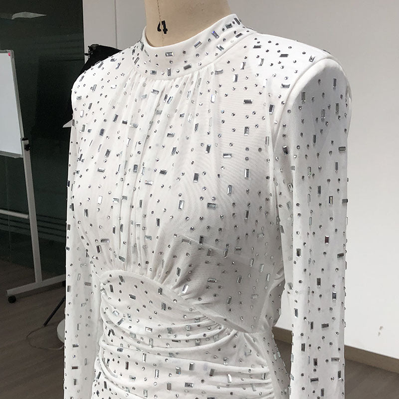 Cross-border foreign trade new temperament fashion mesh hot drilling long sleeve tight pleated thin dress women's European and American new - Cozy & Co. Market