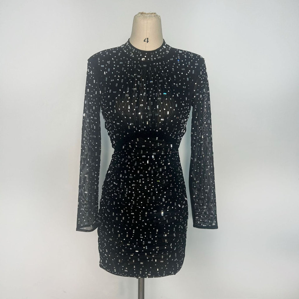 Cross-border foreign trade new temperament fashion mesh hot drilling long sleeve tight pleated thin dress women's European and American new - Cozy & Co. Market