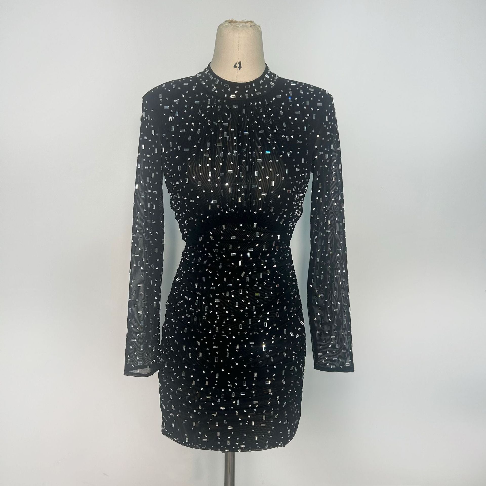 Cross-border foreign trade new temperament fashion mesh hot drilling long sleeve tight pleated thin dress women's European and American new - Cozy & Co. Market