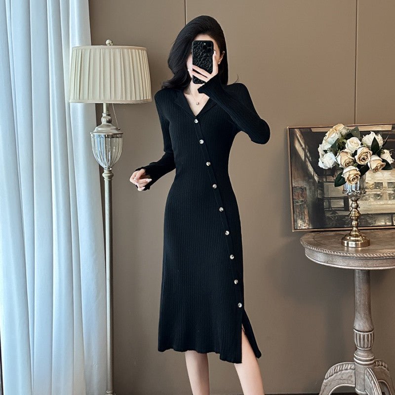Cross-border French Style Chanel Style Knitted Skirt with Trumpet Sleeve Elegant Women's New Slim-fit Small Lapel Knitted dress - Cozy & Co. Market