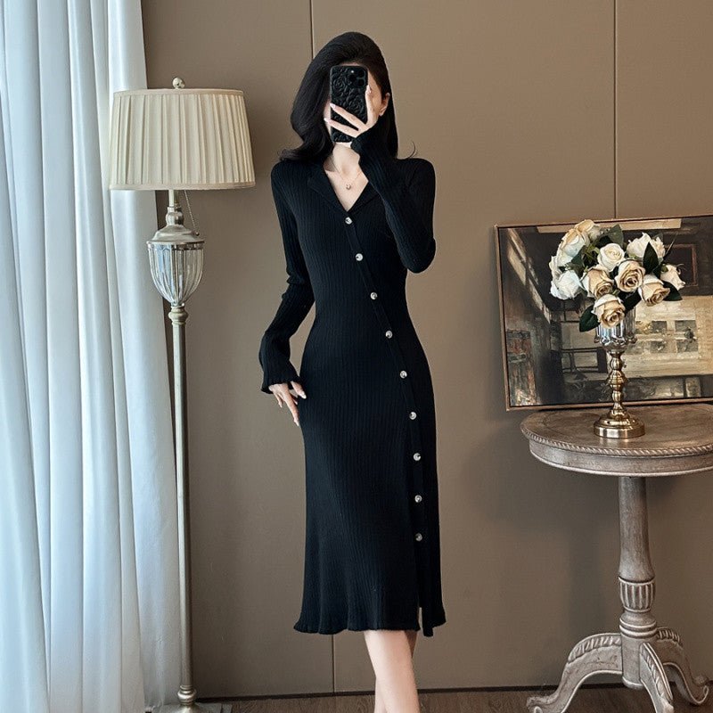 Cross-border French Style Chanel Style Knitted Skirt with Trumpet Sleeve Elegant Women's New Slim-fit Small Lapel Knitted dress - Cozy & Co. Market
