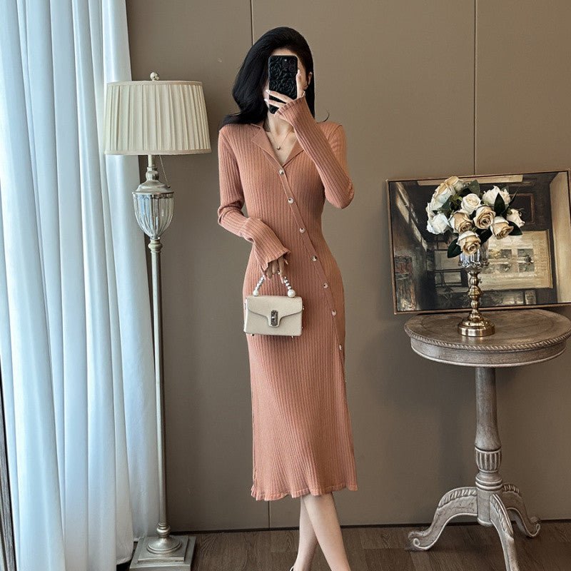 Cross-border French Style Chanel Style Knitted Skirt with Trumpet Sleeve Elegant Women's New Slim-fit Small Lapel Knitted dress - Cozy & Co. Market