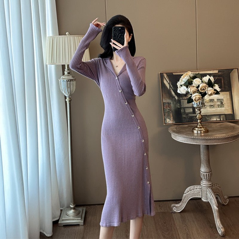 Cross-border French Style Chanel Style Knitted Skirt with Trumpet Sleeve Elegant Women's New Slim-fit Small Lapel Knitted dress - Cozy & Co. Market