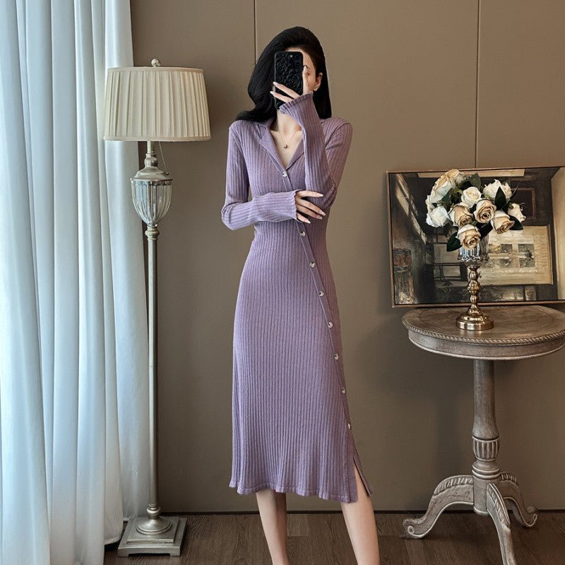 Cross-border French Style Chanel Style Knitted Skirt with Trumpet Sleeve Elegant Women's New Slim-fit Small Lapel Knitted dress - Cozy & Co. Market