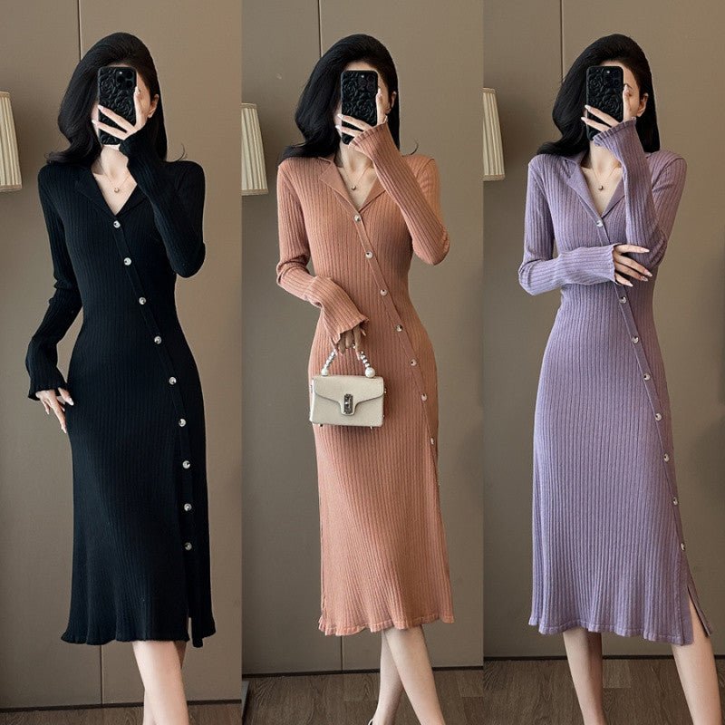 Cross-border French Style Chanel Style Knitted Skirt with Trumpet Sleeve Elegant Women's New Slim-fit Small Lapel Knitted dress - Cozy & Co. Market