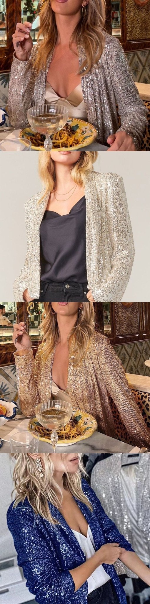 Cross-Border New European and American Amazon Sequined Long-Sleeved Elegant Mid-Length Small Suit Lapel Pure Color Jacket for Women - Cozy & Co. Market