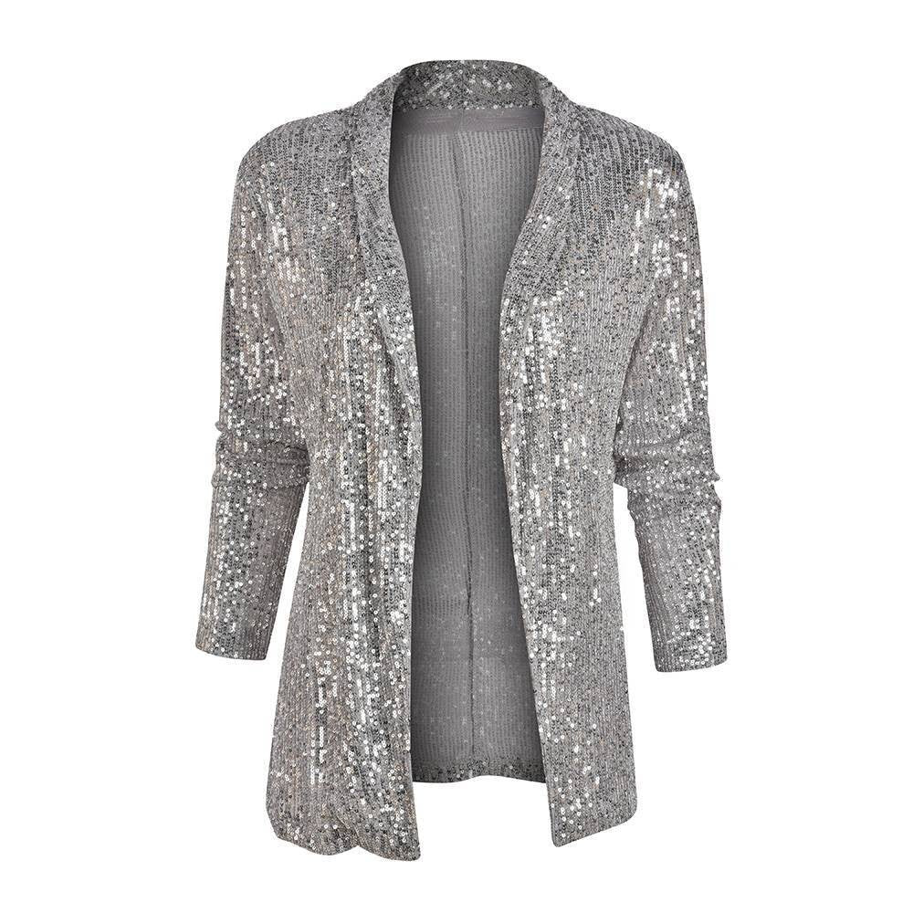 Cross-Border New European and American Amazon Sequined Long-Sleeved Elegant Mid-Length Small Suit Lapel Pure Color Jacket for Women - Cozy & Co. Market