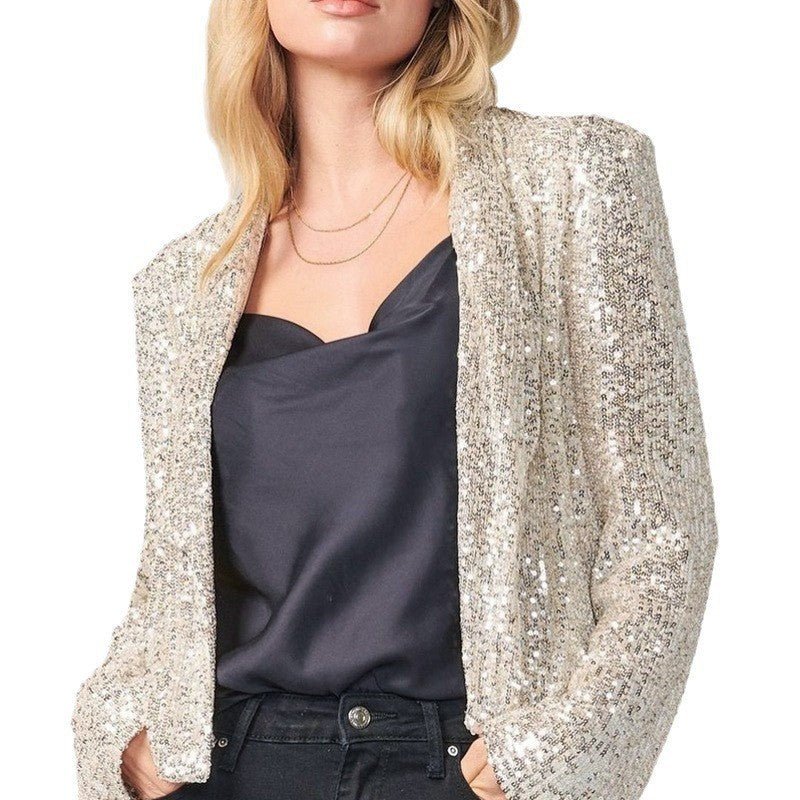 Cross-Border New European and American Amazon Sequined Long-Sleeved Elegant Mid-Length Small Suit Lapel Pure Color Jacket for Women - Cozy & Co. Market