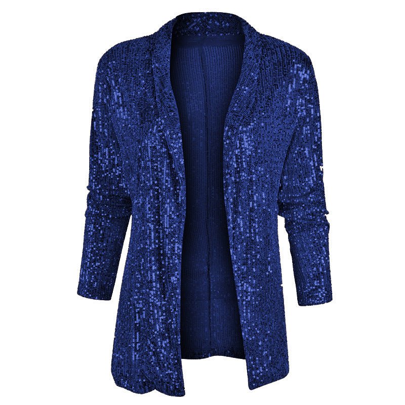 Cross-Border New European and American Amazon Sequined Long-Sleeved Elegant Mid-Length Small Suit Lapel Pure Color Jacket for Women - Cozy & Co. Market