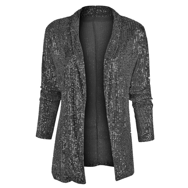 Cross-Border New European and American Amazon Sequined Long-Sleeved Elegant Mid-Length Small Suit Lapel Pure Color Jacket for Women - Cozy & Co. Market