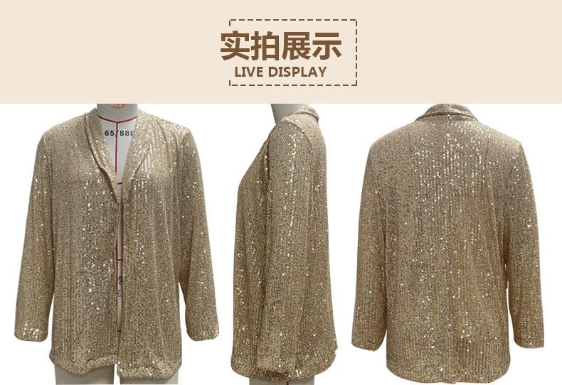 Cross-Border New European and American Amazon Sequined Long-Sleeved Elegant Mid-Length Small Suit Lapel Pure Color Jacket for Women - Cozy & Co. Market