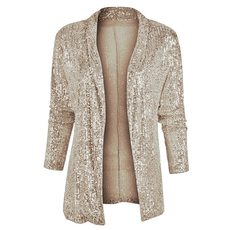 Cross-Border New European and American Amazon Sequined Long-Sleeved Elegant Mid-Length Small Suit Lapel Pure Color Jacket for Women - Cozy & Co. Market