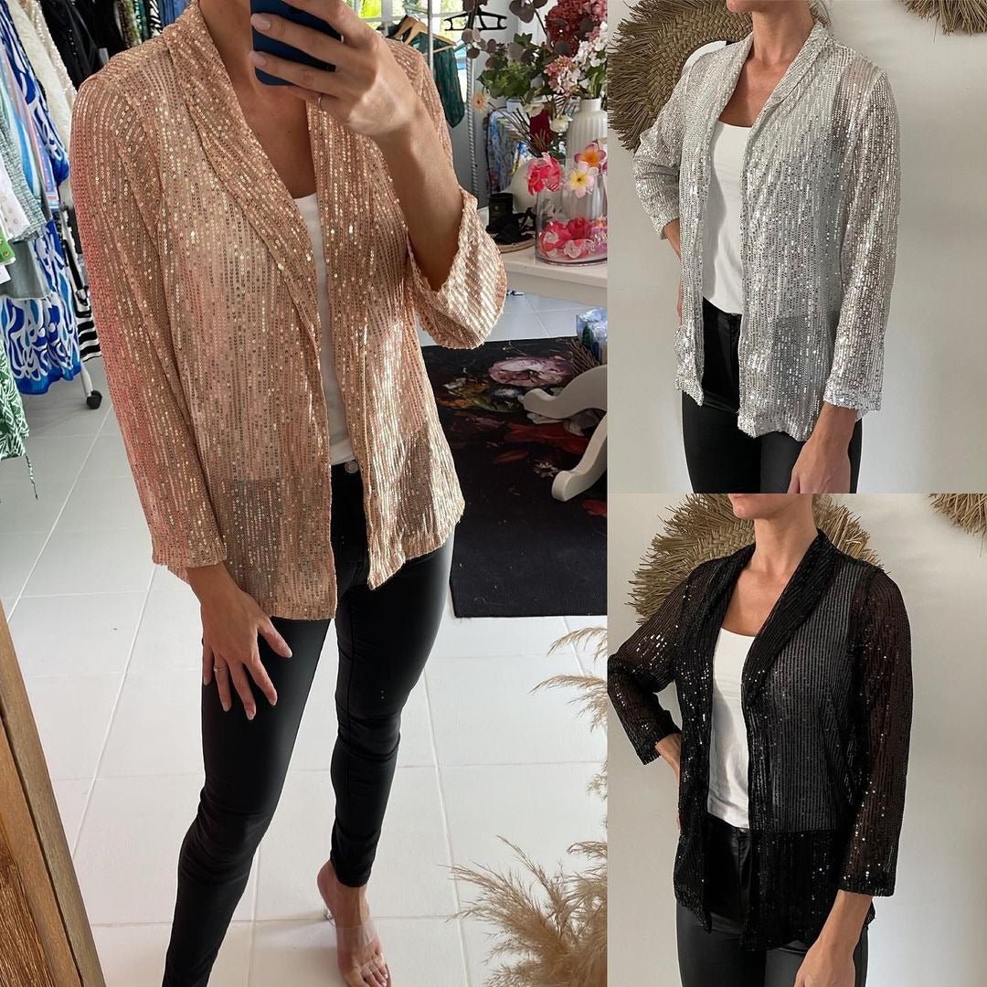 Cross-Border New European and American Amazon Sequined Long-Sleeved Elegant Mid-Length Small Suit Lapel Pure Color Jacket for Women - Cozy & Co. Market