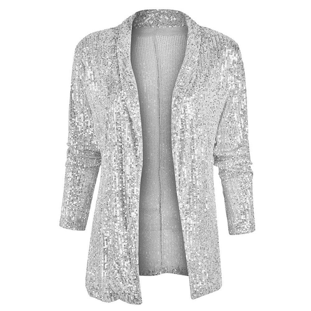 Cross-Border New European and American Amazon Sequined Long-Sleeved Elegant Mid-Length Small Suit Lapel Pure Color Jacket for Women - Cozy & Co. Market