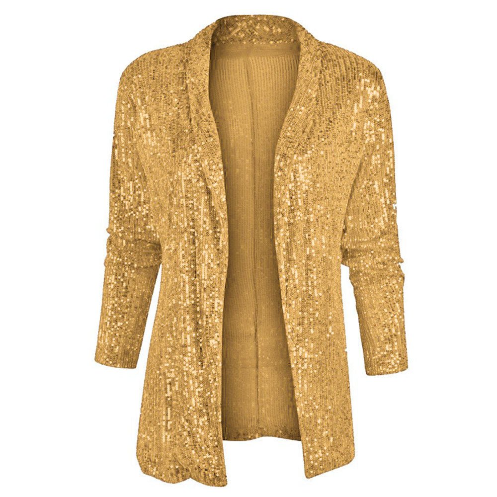 Cross-Border New European and American Amazon Sequined Long-Sleeved Elegant Mid-Length Small Suit Lapel Pure Color Jacket for Women - Cozy & Co. Market