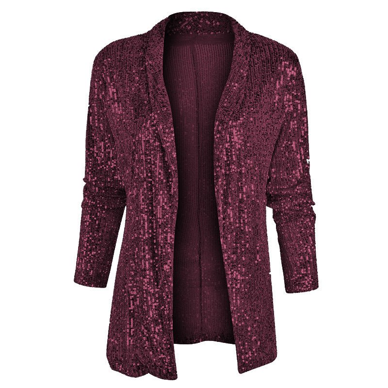 Cross-Border New European and American Amazon Sequined Long-Sleeved Elegant Mid-Length Small Suit Lapel Pure Color Jacket for Women - Cozy & Co. Market