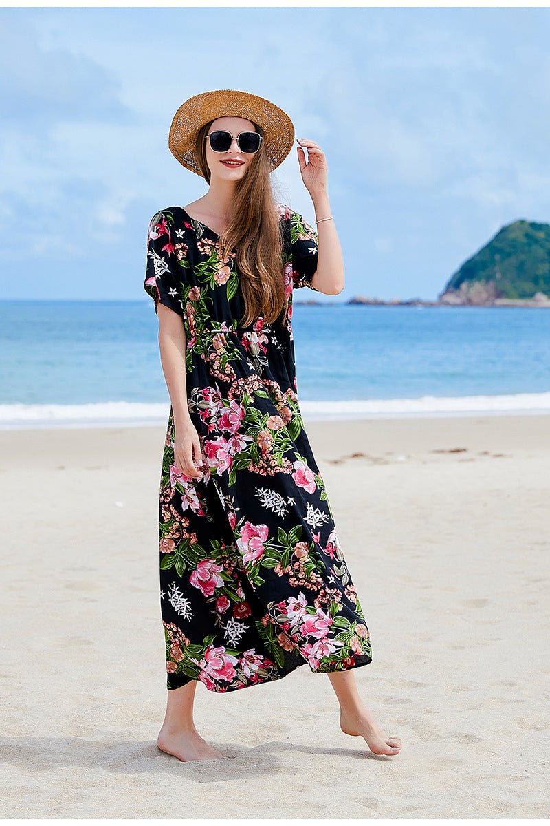 Cross-border Seaside Sanya Vacation Style Slimming Loose Long Dress V-neck Elegant Printed Slit dress - Cozy & Co. Market