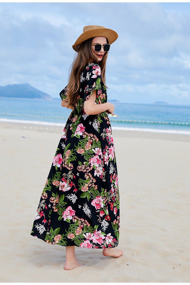 Cross-border Seaside Sanya Vacation Style Slimming Loose Long Dress V-neck Elegant Printed Slit dress - Cozy & Co. Market