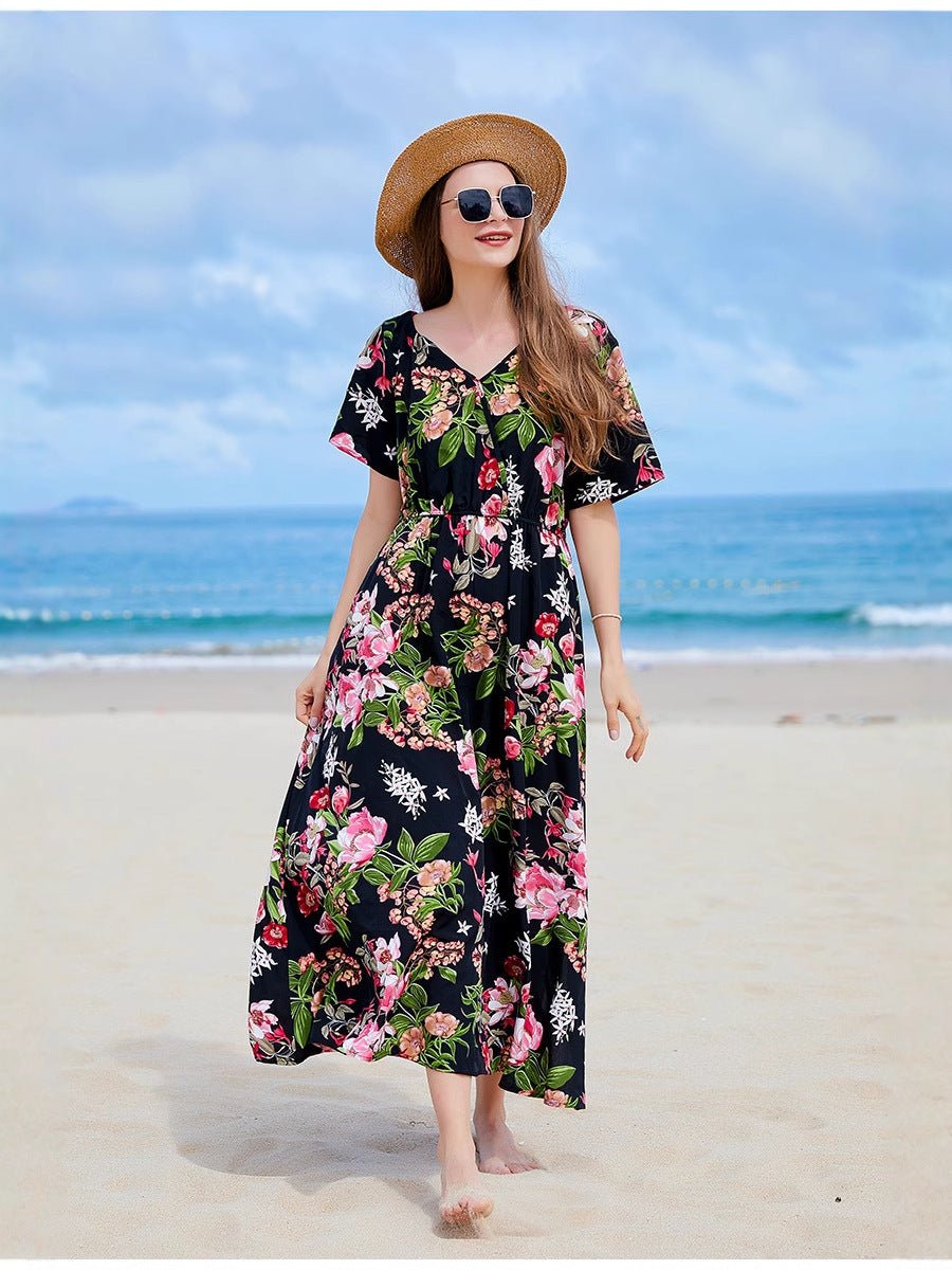 Cross-border Seaside Sanya Vacation Style Slimming Loose Long Dress V-neck Elegant Printed Slit dress - Cozy & Co. Market