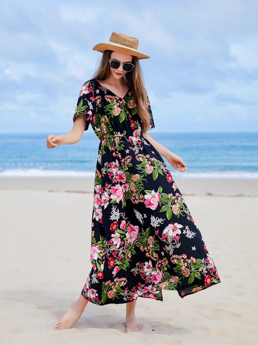 Cross-border Seaside Sanya Vacation Style Slimming Loose Long Dress V-neck Elegant Printed Slit dress - Cozy & Co. Market