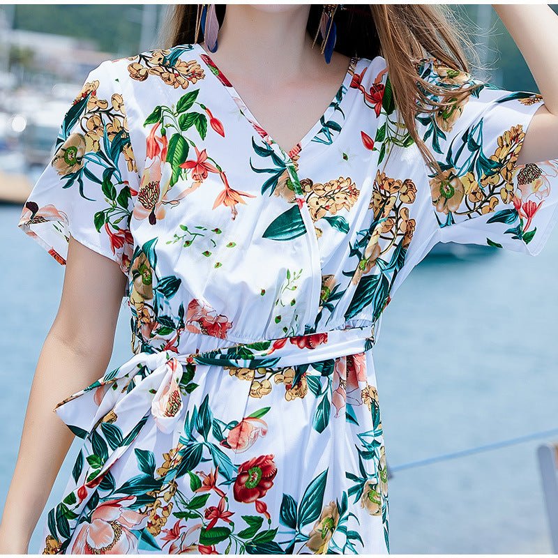 Cross-border Seaside Sanya Vacation Style Slimming Loose Long Dress V-neck Elegant Printed Slit dress - Cozy & Co. Market