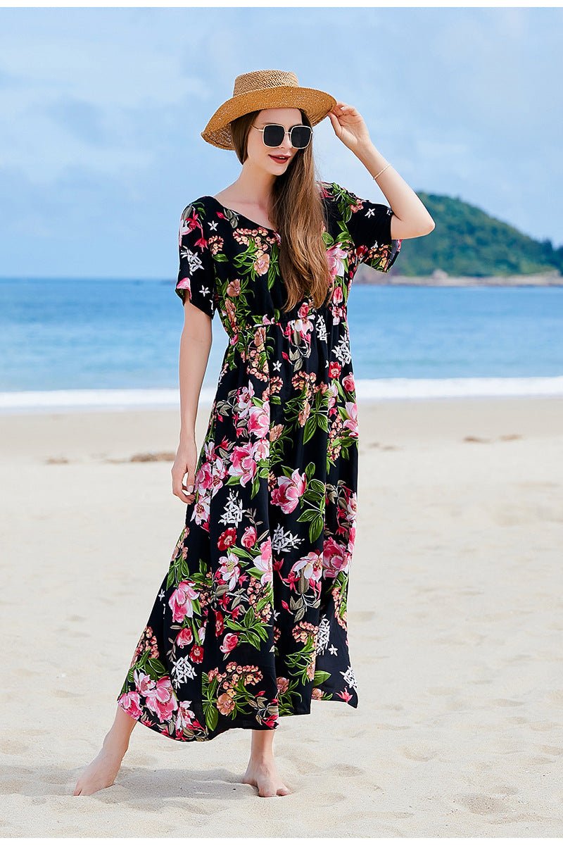 Cross-border Seaside Sanya Vacation Style Slimming Loose Long Dress V-neck Elegant Printed Slit dress - Cozy & Co. Market