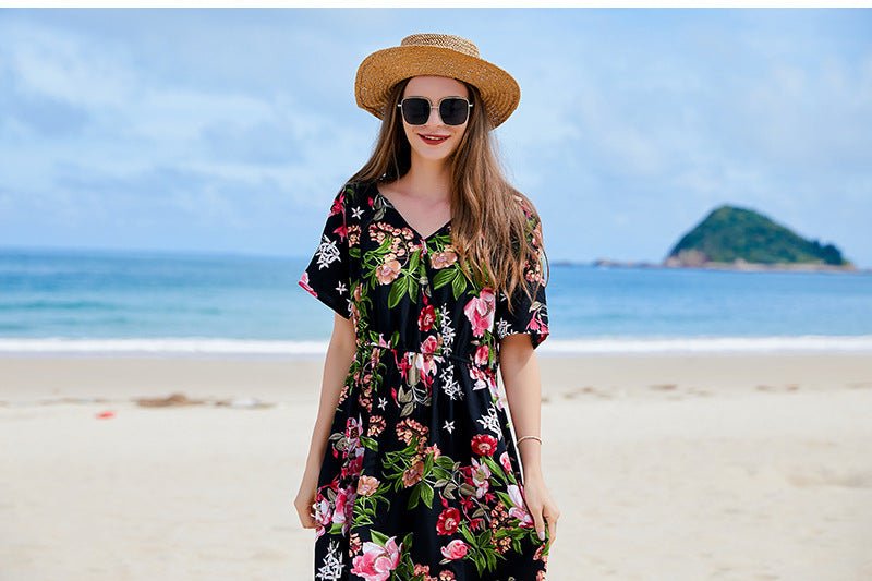 Cross-border Seaside Sanya Vacation Style Slimming Loose Long Dress V-neck Elegant Printed Slit dress - Cozy & Co. Market