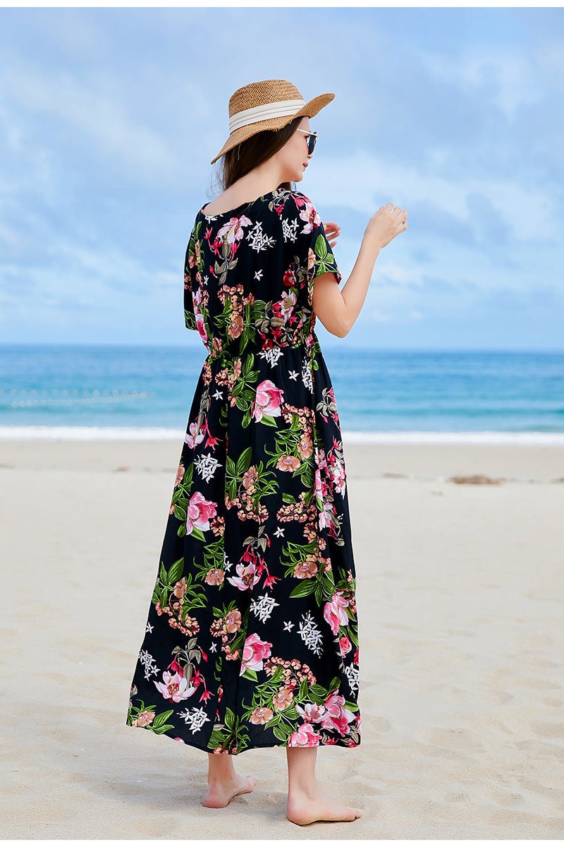 Cross-border Seaside Sanya Vacation Style Slimming Loose Long Dress V-neck Elegant Printed Slit dress - Cozy & Co. Market