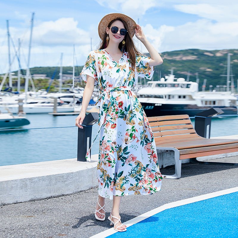 Cross-border Seaside Sanya Vacation Style Slimming Loose Long Dress V-neck Elegant Printed Slit dress - Cozy & Co. Market