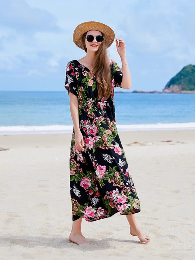 Cross-border Seaside Sanya Vacation Style Slimming Loose Long Dress V-neck Elegant Printed Slit dress - Cozy & Co. Market
