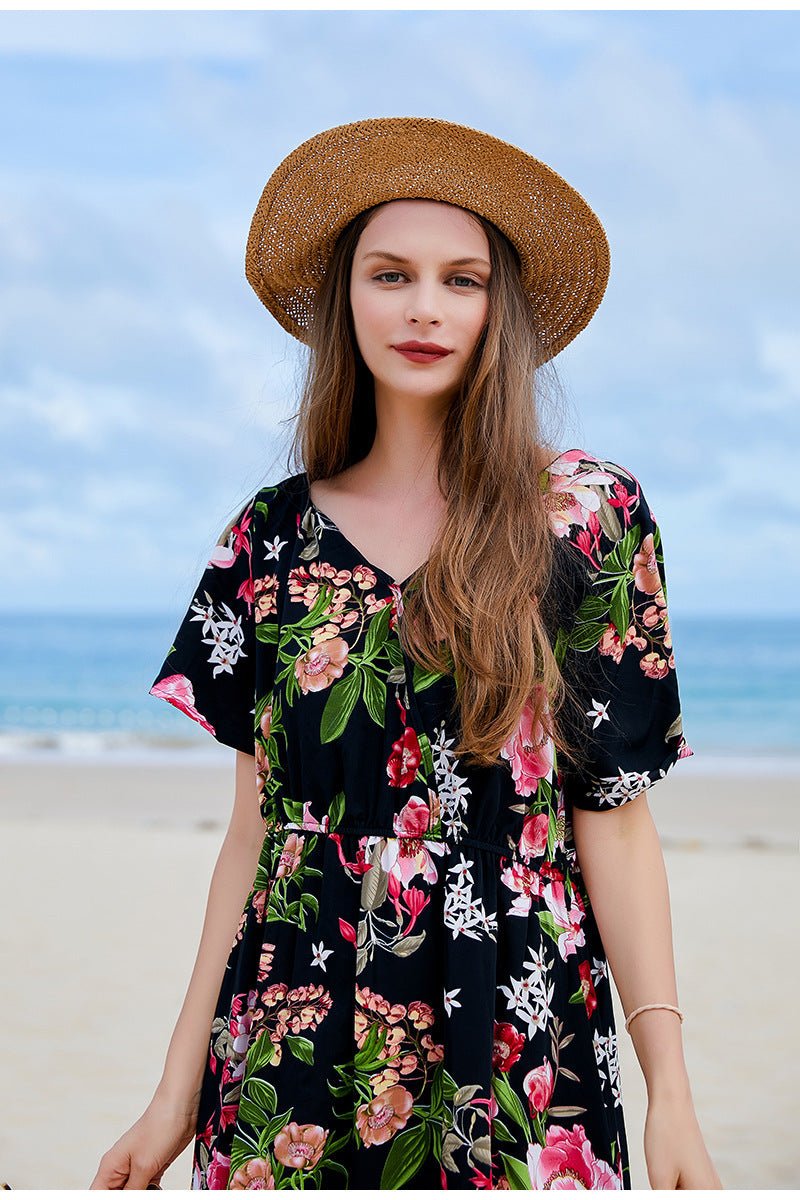 Cross-border Seaside Sanya Vacation Style Slimming Loose Long Dress V-neck Elegant Printed Slit dress - Cozy & Co. Market