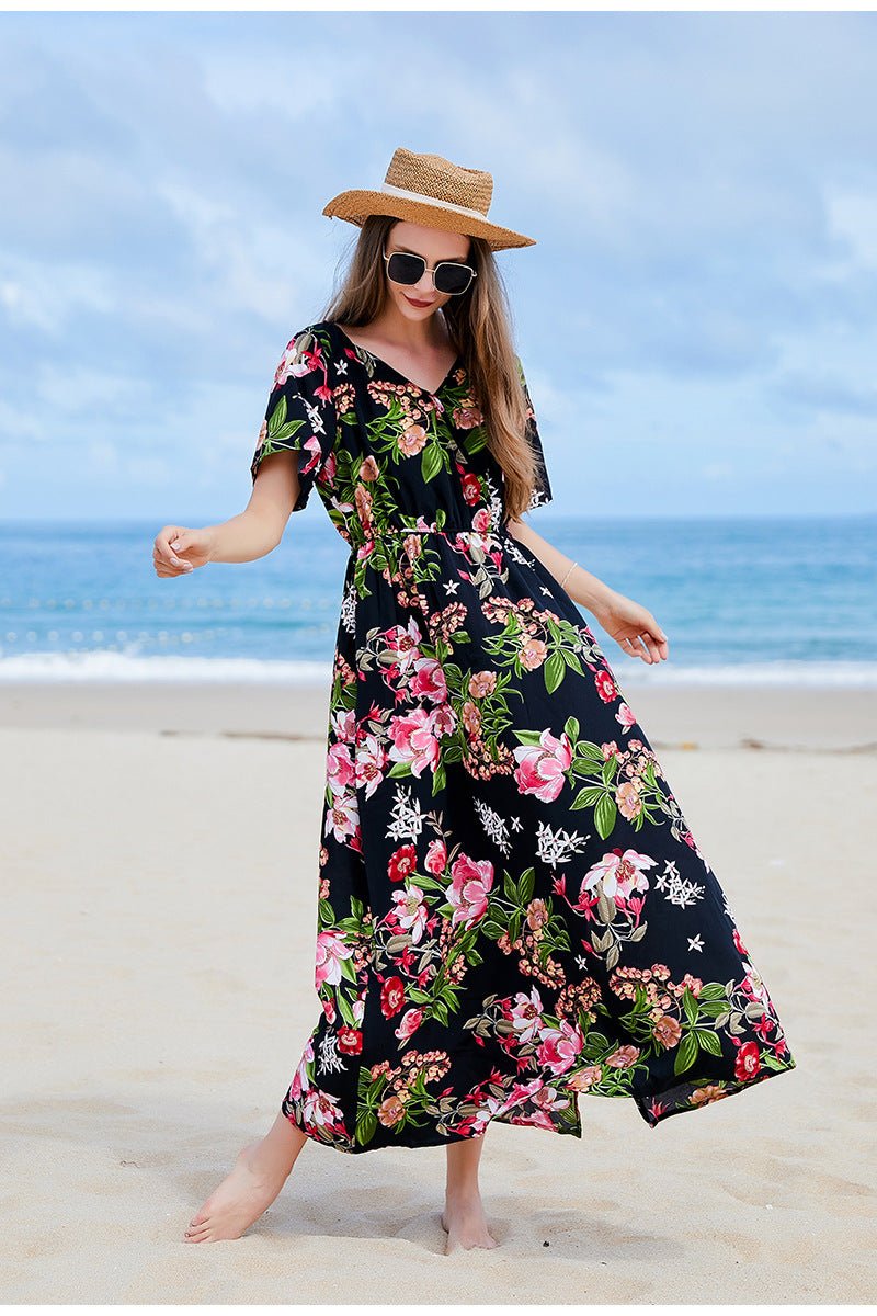 Cross-border Seaside Sanya Vacation Style Slimming Loose Long Dress V-neck Elegant Printed Slit dress - Cozy & Co. Market