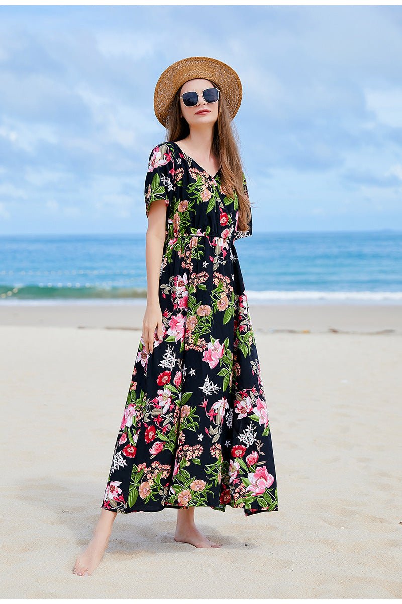 Cross-border Seaside Sanya Vacation Style Slimming Loose Long Dress V-neck Elegant Printed Slit dress - Cozy & Co. Market