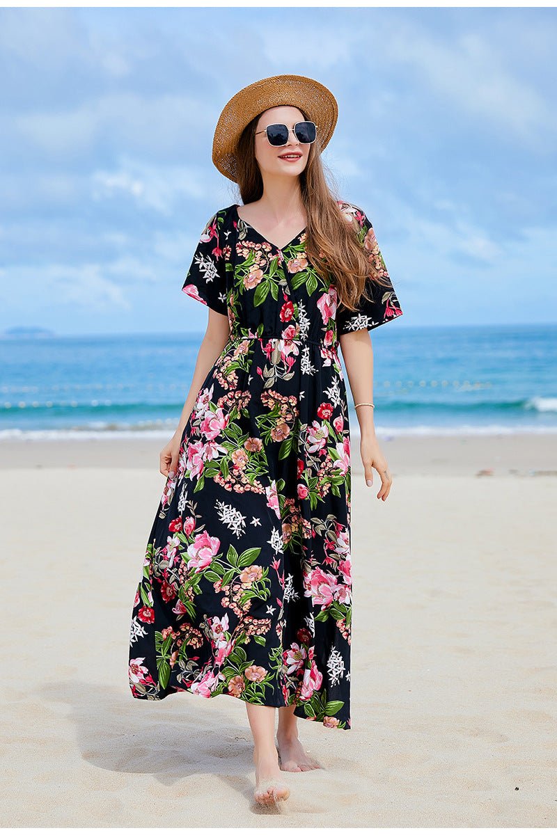 Cross-border Seaside Sanya Vacation Style Slimming Loose Long Dress V-neck Elegant Printed Slit dress - Cozy & Co. Market
