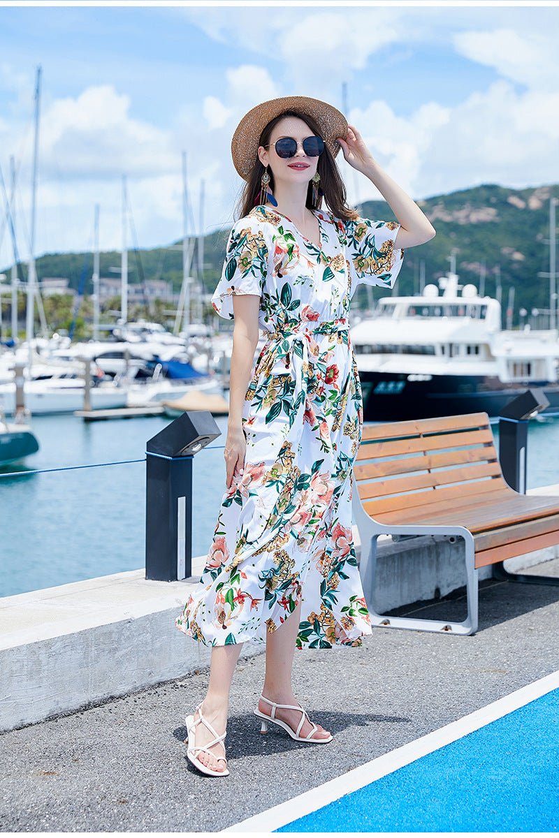 Cross-border Seaside Sanya Vacation Style Slimming Loose Long Dress V-neck Elegant Printed Slit dress - Cozy & Co. Market