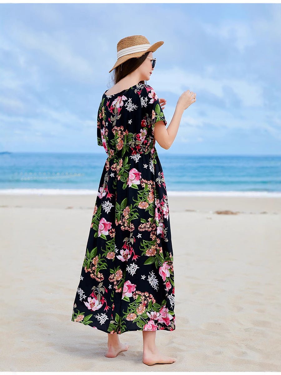Cross-border Seaside Sanya Vacation Style Slimming Loose Long Dress V-neck Elegant Printed Slit dress - Cozy & Co. Market