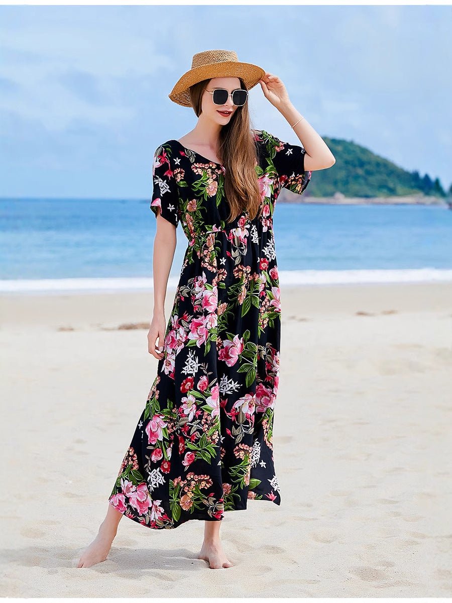 Cross-border Seaside Sanya Vacation Style Slimming Loose Long Dress V-neck Elegant Printed Slit dress - Cozy & Co. Market