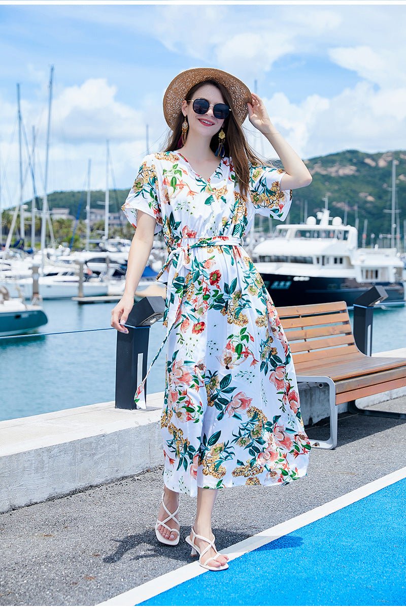 Cross-border Seaside Sanya Vacation Style Slimming Loose Long Dress V-neck Elegant Printed Slit dress - Cozy & Co. Market