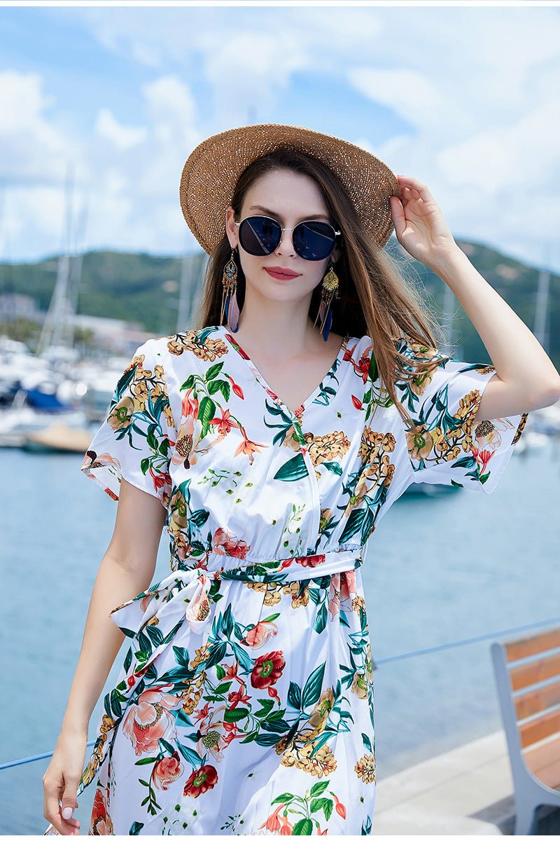 Cross-border Seaside Sanya Vacation Style Slimming Loose Long Dress V-neck Elegant Printed Slit dress - Cozy & Co. Market