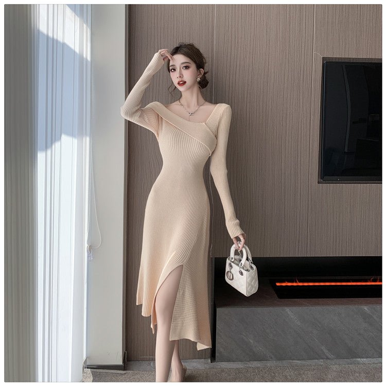 Cross-border Women's 2024 French Gentle Knitted Oblique V-neck dress Women's Winter New Shoulder Slim-fit Tight Waist Skirt - Cozy & Co. Market