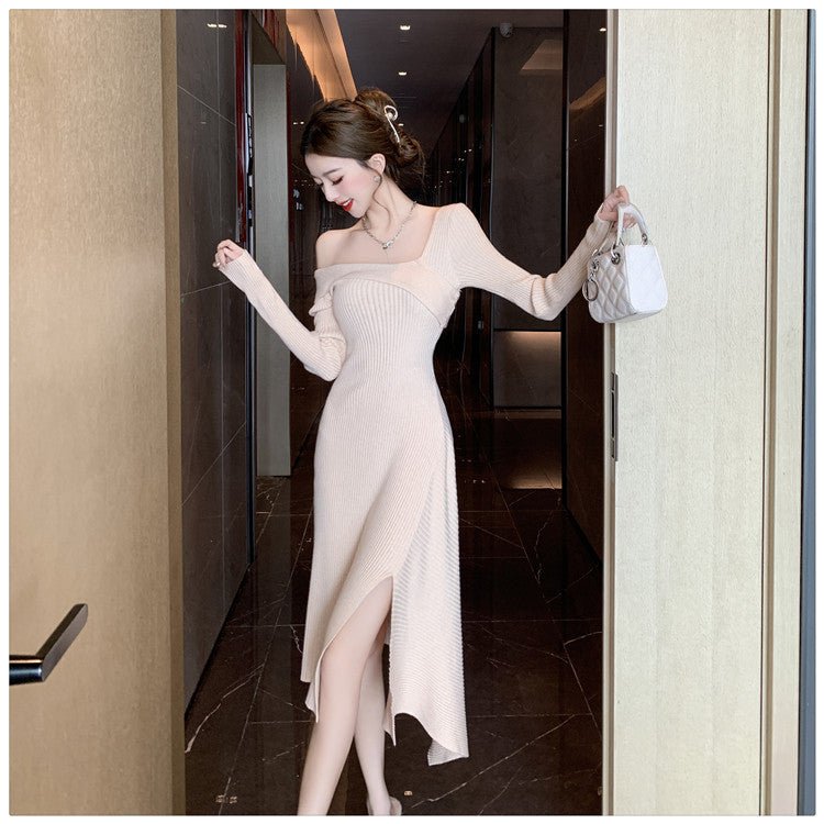 Cross-border Women's 2024 French Gentle Knitted Oblique V-neck dress Women's Winter New Shoulder Slim-fit Tight Waist Skirt - Cozy & Co. Market