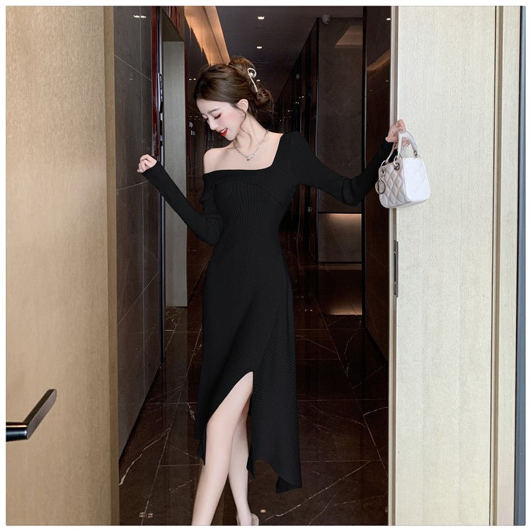 Cross-border Women's 2024 French Gentle Knitted Oblique V-neck dress Women's Winter New Shoulder Slim-fit Tight Waist Skirt - Cozy & Co. Market