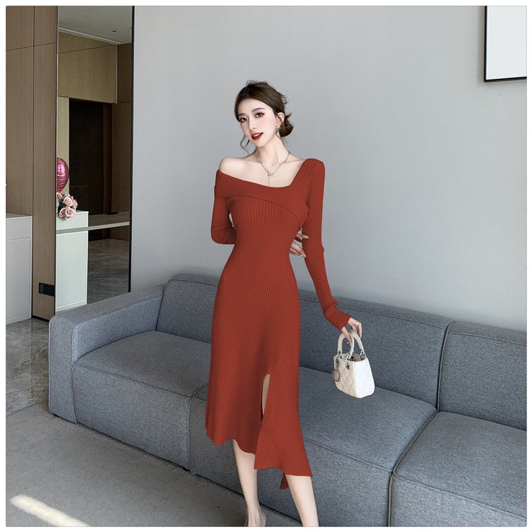 Cross-border Women's 2024 French Gentle Knitted Oblique V-neck dress Women's Winter New Shoulder Slim-fit Tight Waist Skirt - Cozy & Co. Market