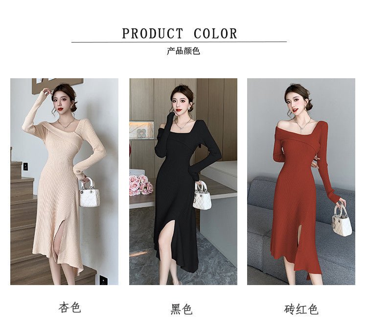 Cross-border Women's 2024 French Gentle Knitted Oblique V-neck dress Women's Winter New Shoulder Slim-fit Tight Waist Skirt - Cozy & Co. Market