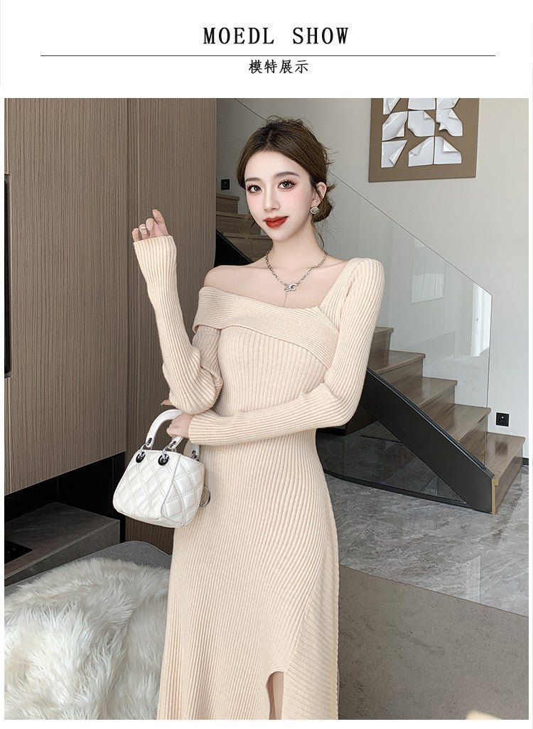 Cross-border Women's 2024 French Gentle Knitted Oblique V-neck dress Women's Winter New Shoulder Slim-fit Tight Waist Skirt - Cozy & Co. Market