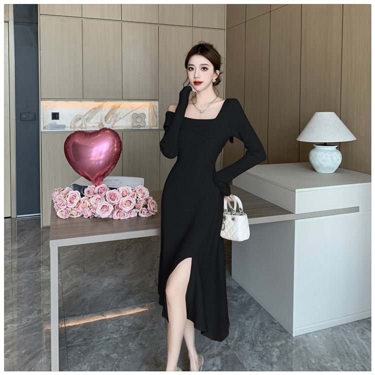 Cross-border Women's 2024 French Gentle Knitted Oblique V-neck dress Women's Winter New Shoulder Slim-fit Tight Waist Skirt - Cozy & Co. Market