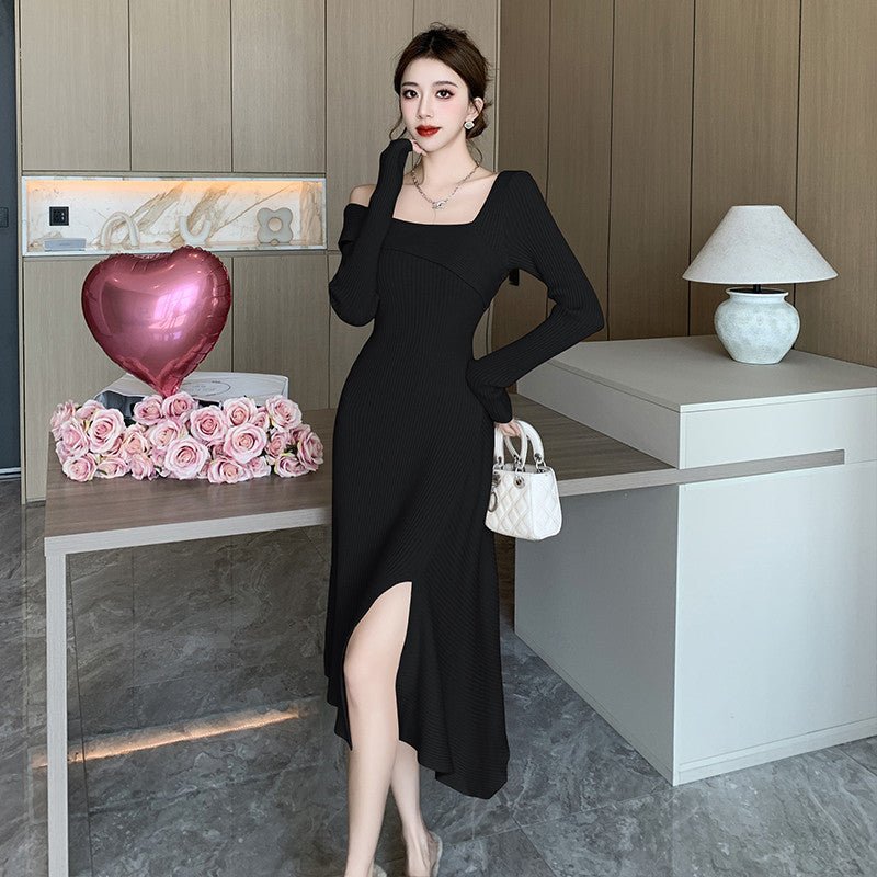 Cross-border Women's 2024 French Gentle Knitted Oblique V-neck dress Women's Winter New Shoulder Slim-fit Tight Waist Skirt - Cozy & Co. Market