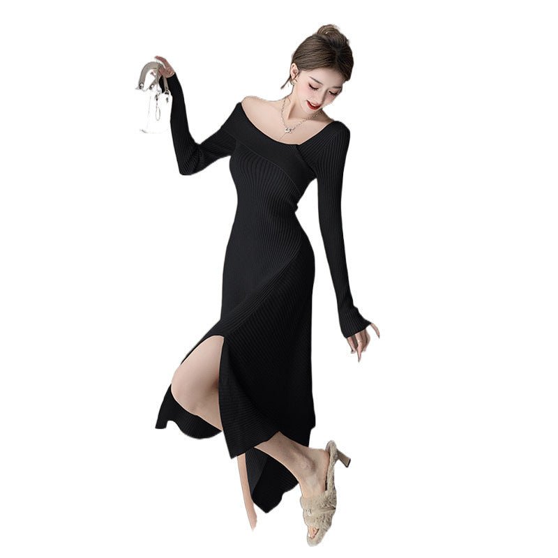 Cross-border Women's 2024 French Gentle Knitted Oblique V-neck dress Women's Winter New Shoulder Slim-fit Tight Waist Skirt - Cozy & Co. Market