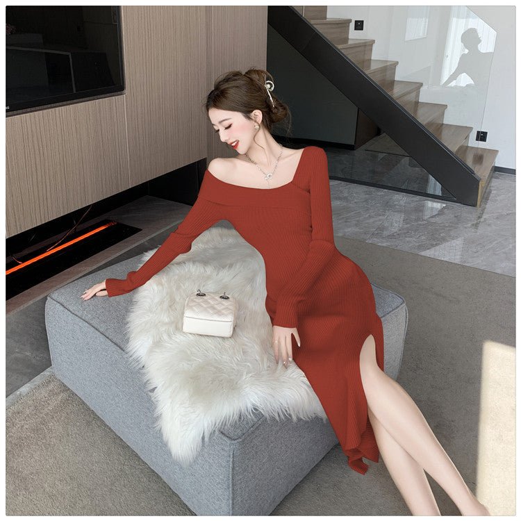 Cross-border Women's 2024 French Gentle Knitted Oblique V-neck dress Women's Winter New Shoulder Slim-fit Tight Waist Skirt - Cozy & Co. Market