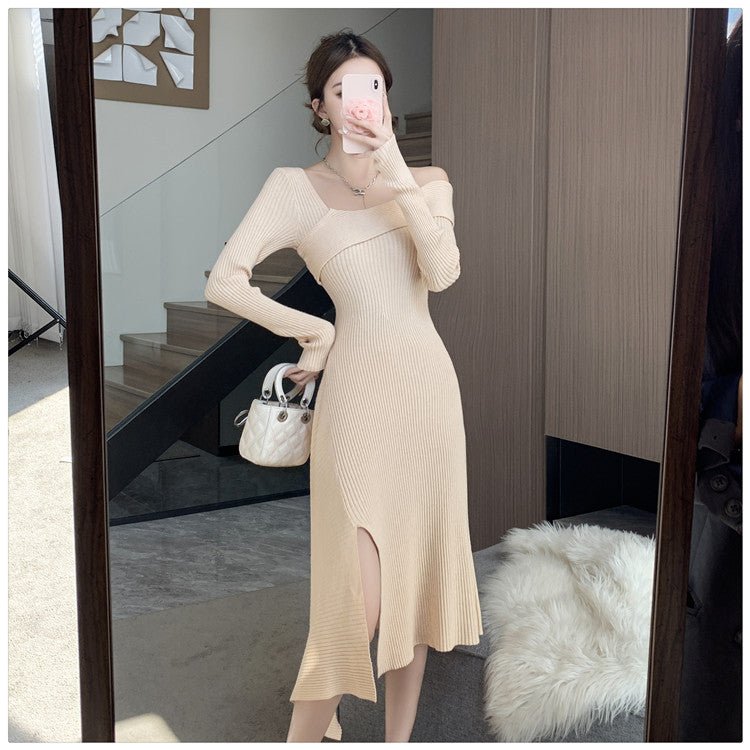 Cross-border Women's 2024 French Gentle Knitted Oblique V-neck dress Women's Winter New Shoulder Slim-fit Tight Waist Skirt - Cozy & Co. Market
